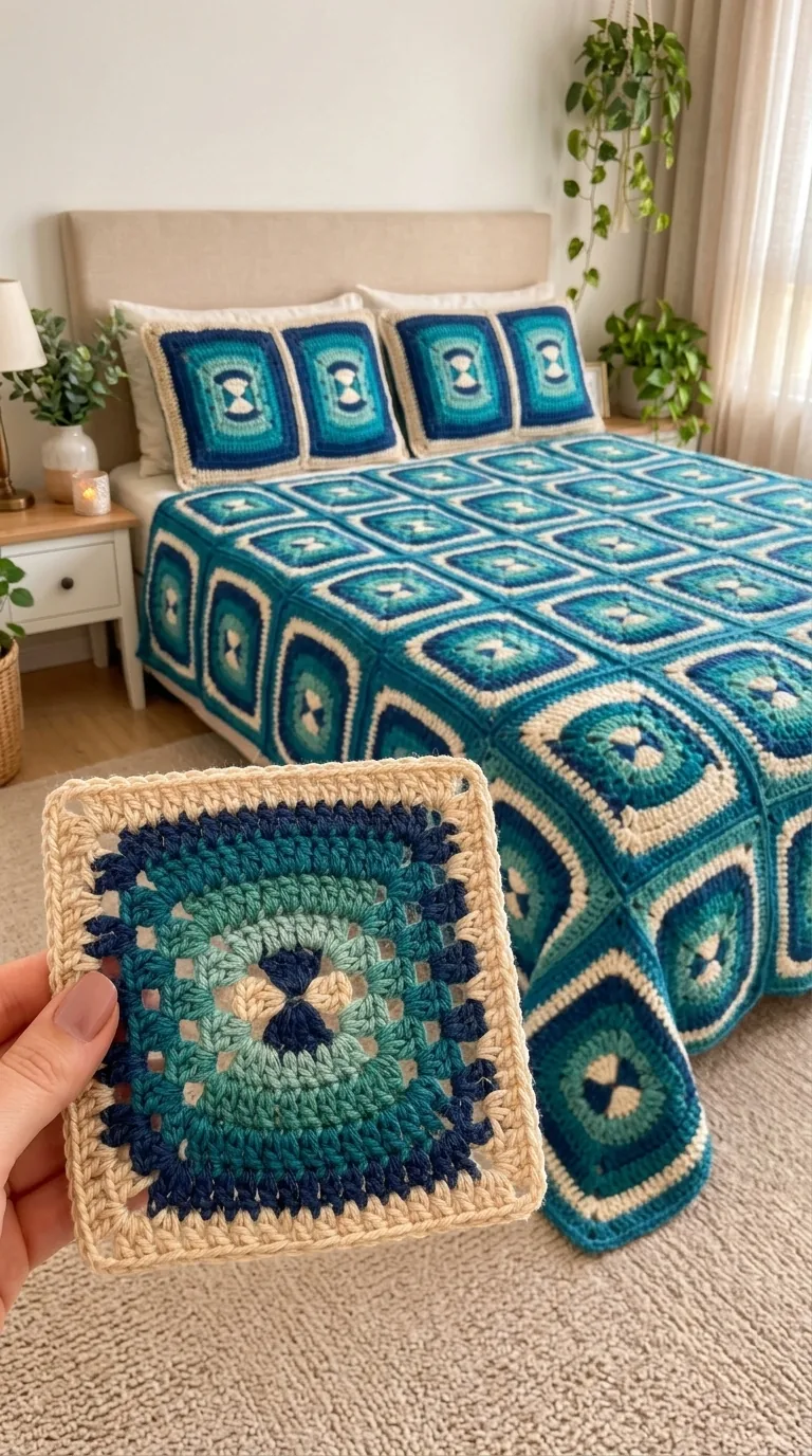 Teal and Navy Hourglass Bedspread in teal, navy, gold and cream