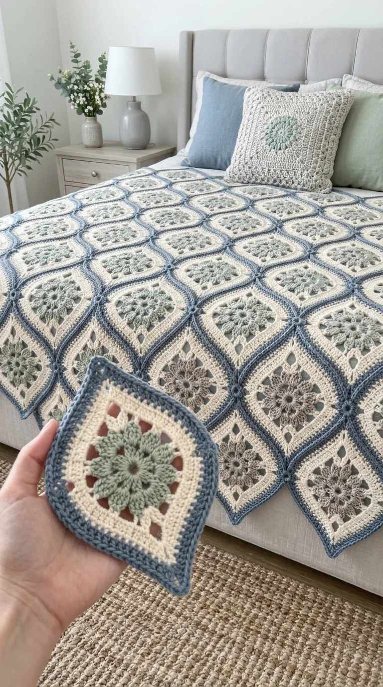 Sage and Blue Diamond Bedspread in sage, pale blue, slate and ivory