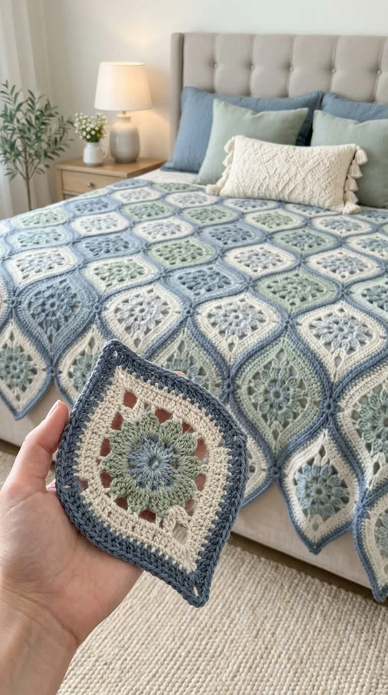 Blue-Sage Diamond Bedspread - Soft Palette in pale blue, sage and cream