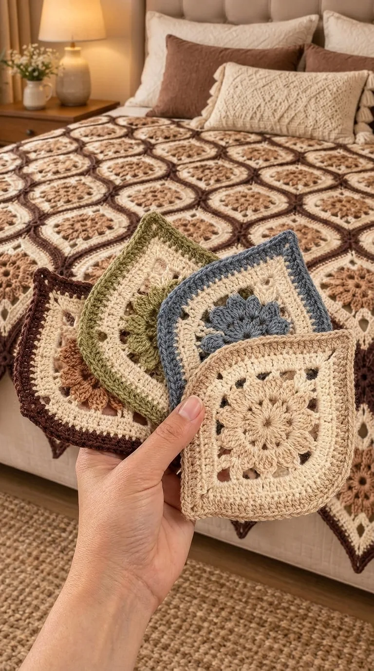 Cocoa Diamond Bedspread - Motif Close View in cocoa, cream, sage and blue