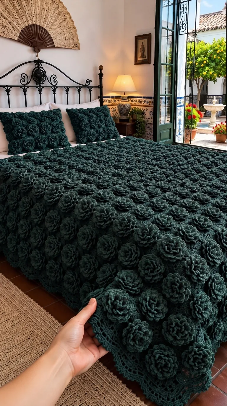 Deep Green Raised-Rose Bedspread in deep green and forest green