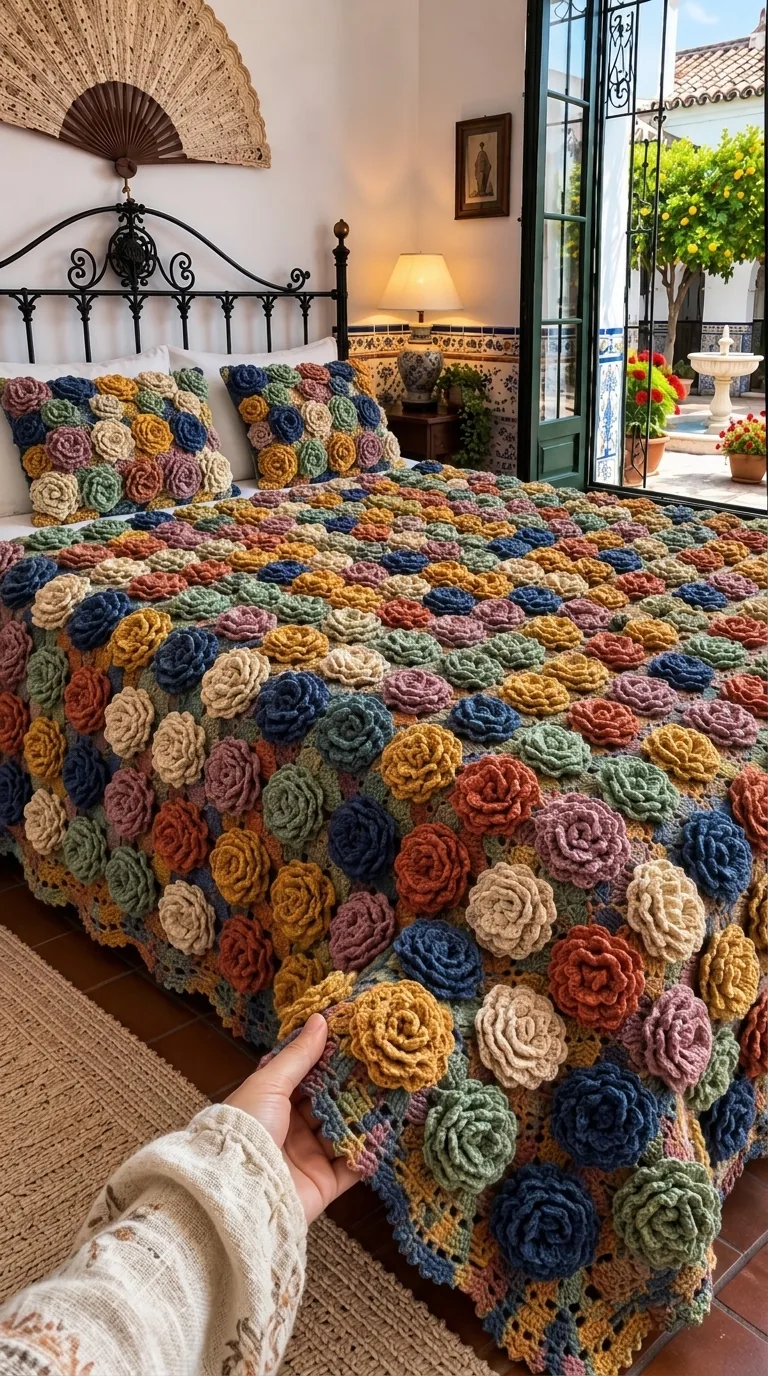 Multicolor Raised-Rose Bedspread in blue, gold, rust, sage, rose and cream