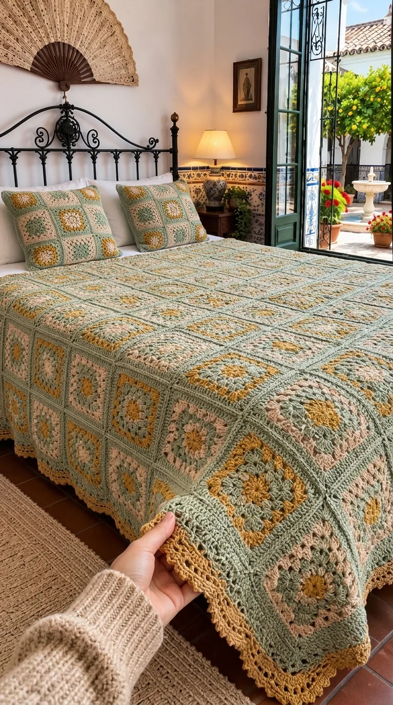 Pastel Filet-Square Bedspread in pale gold, mint, gray and ivory