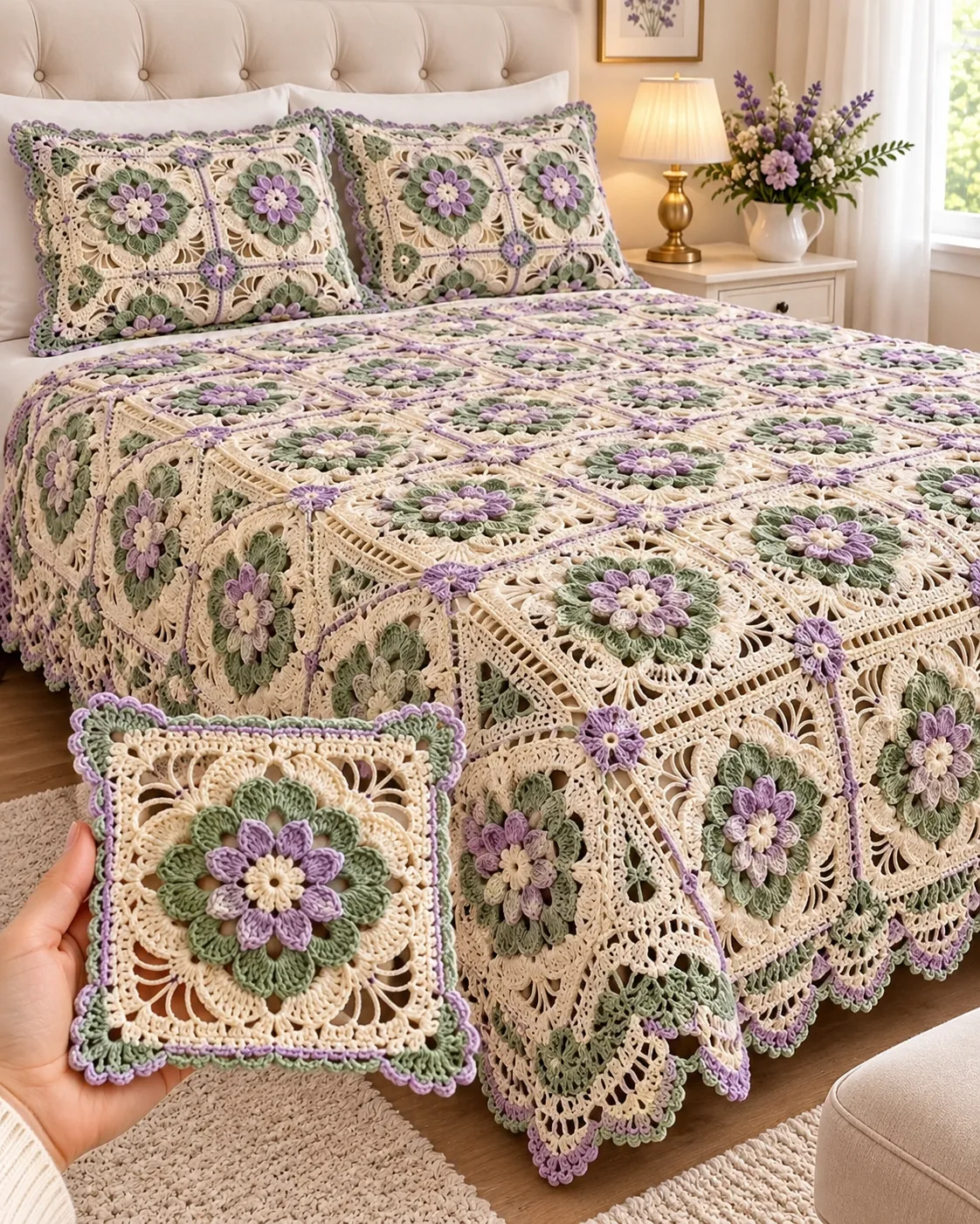 Lavender and Sage Floral Lace Bedspread in lavender, sage, pale green and cream