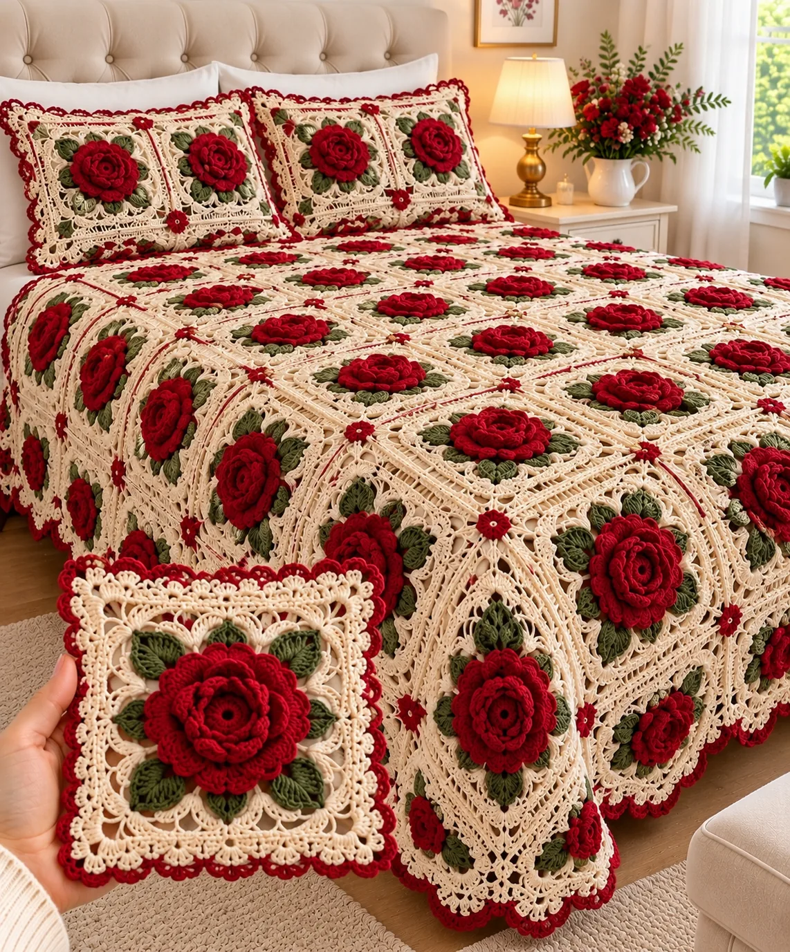 Red Rose and Green Leaf Bedspread in red, burgundy, green and ivory