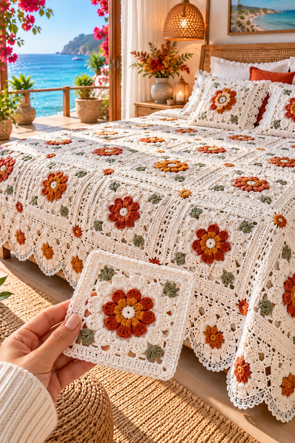 Rust Daisy Bedspread beside the Sea in rust, gold, sage and ivory