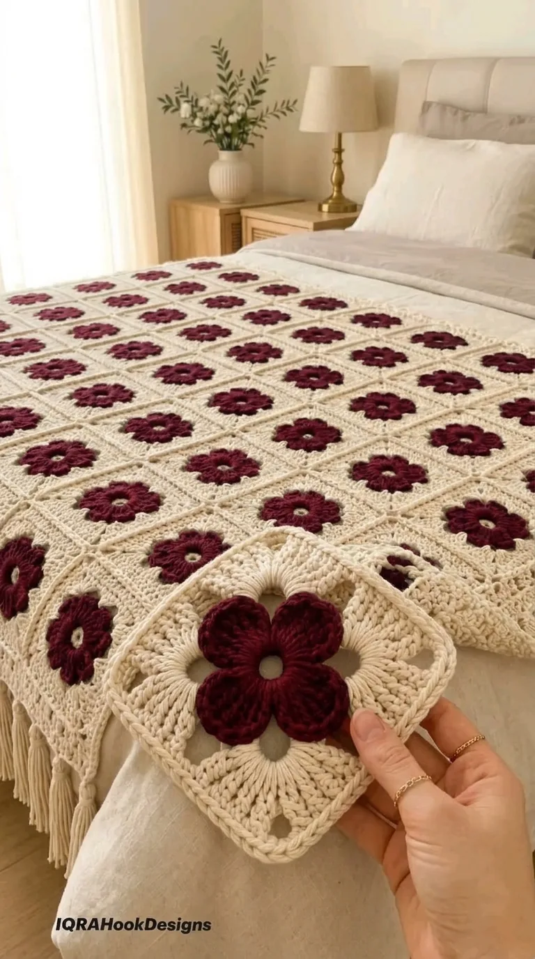 Burgundy Flower and Ivory Bedspread in burgundy, dusty pink and ivory