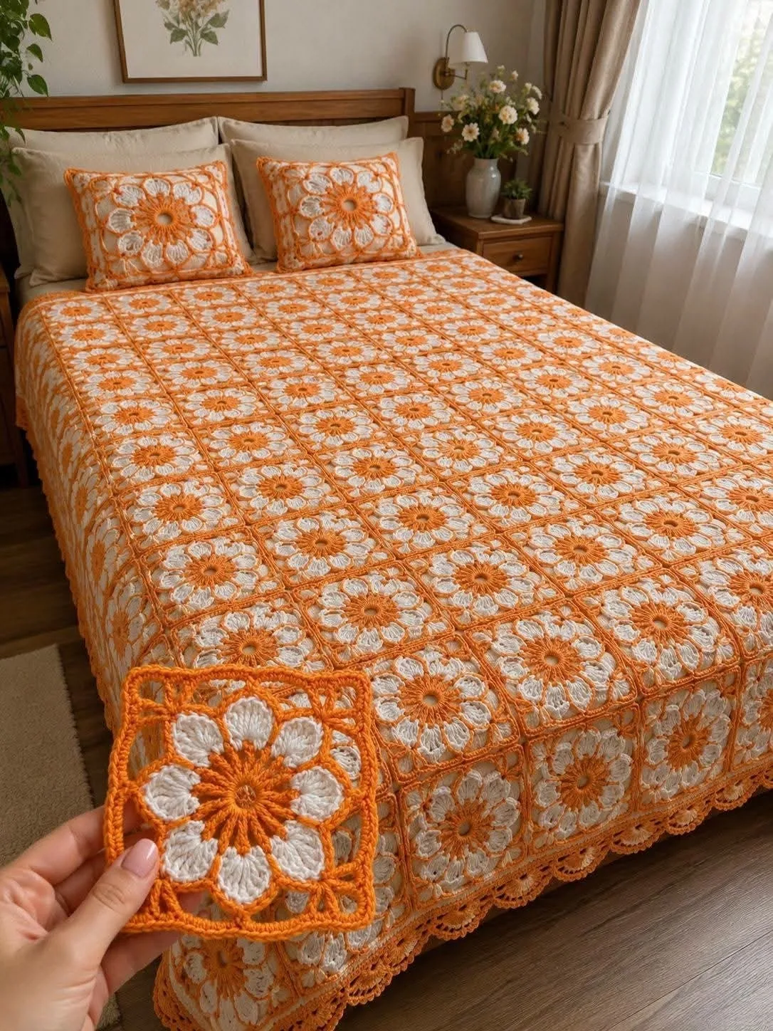 Orange Floral Lace Bedspread in orange, gold and ivory