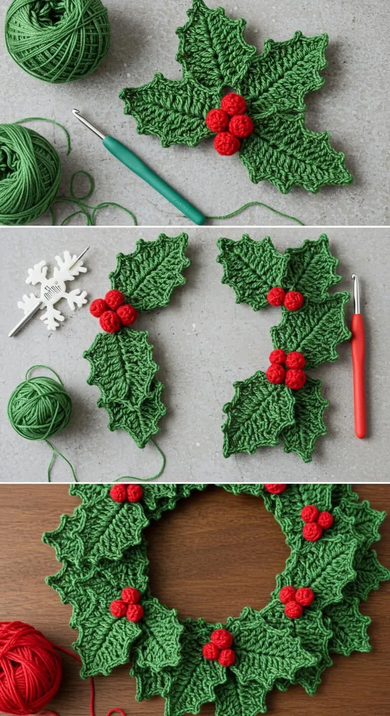 Holly Leaves, Sprig and Wreath in green and red