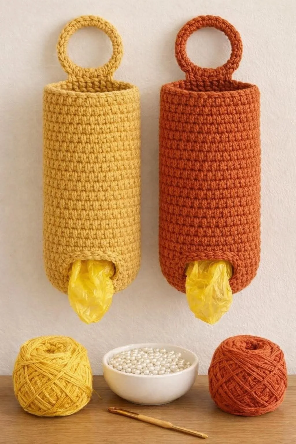 Mustard Wall Bag Dispensers in mustard and rust