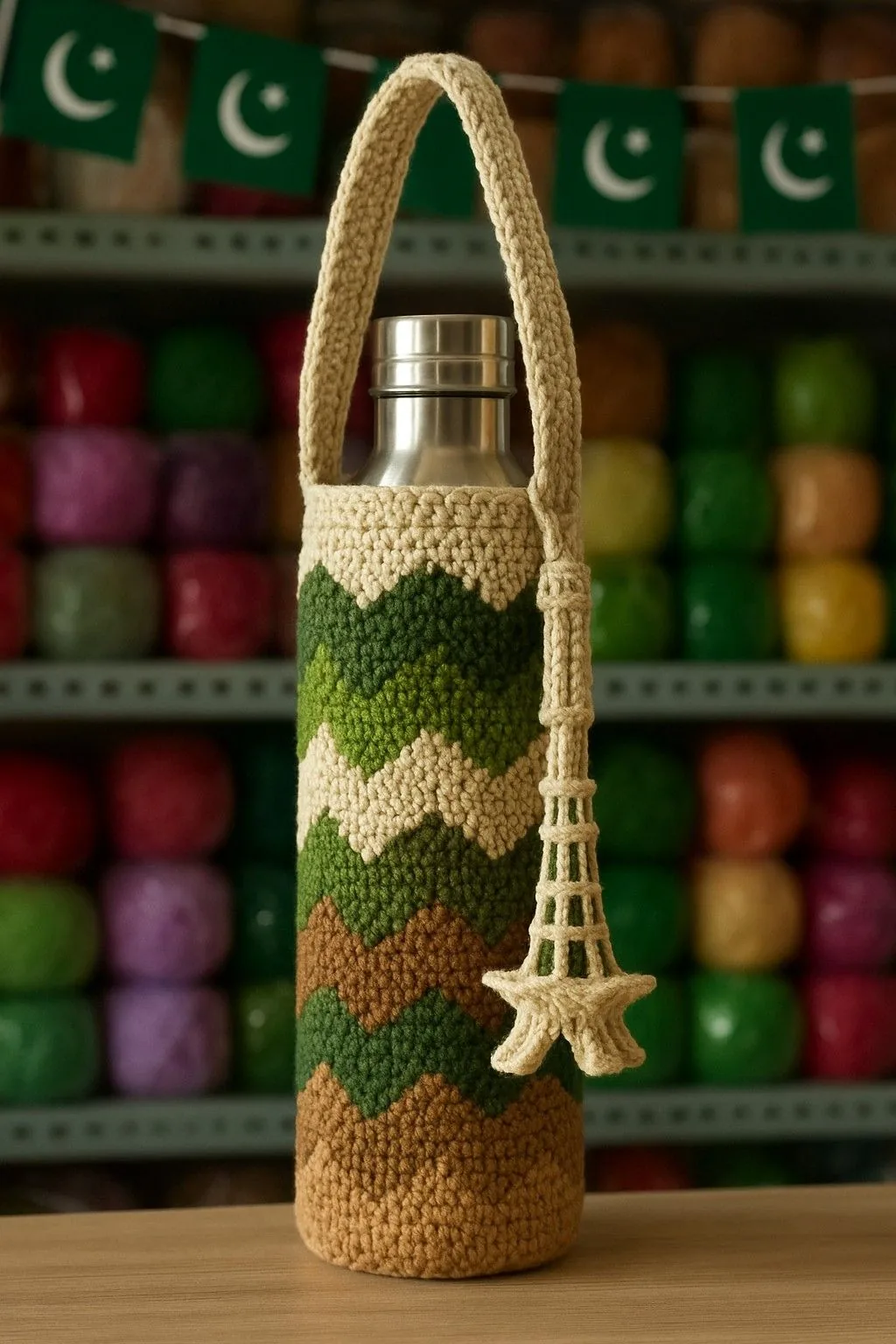 Zigzag Bottle Carrier in olive, dark green and cream
